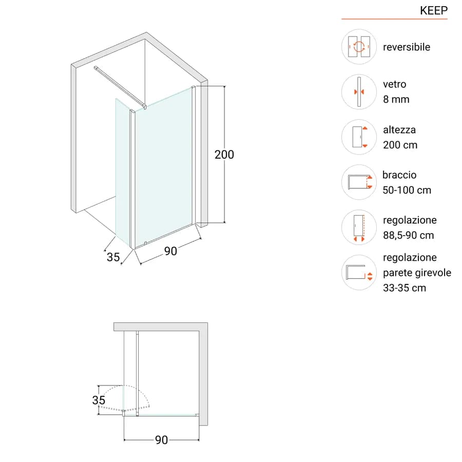 Walk-In 90 cm con parete girevole 35 cm in vetro temperato fumè con profilo nero - Keep