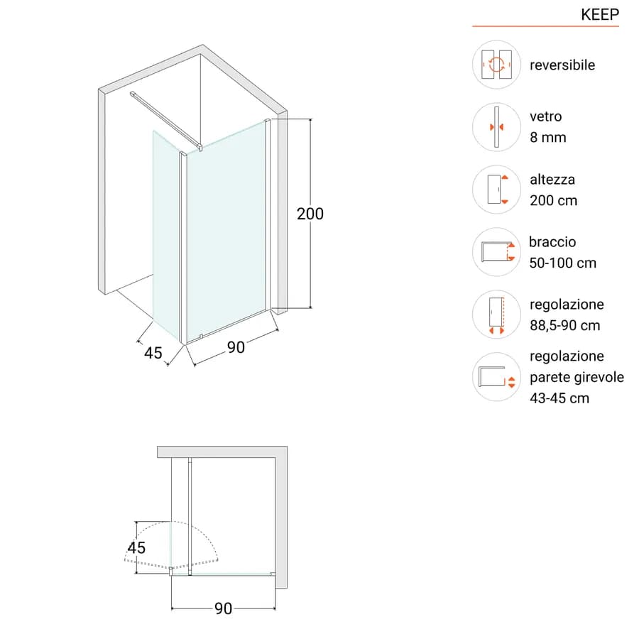 Walk-In 90 cm con parete girevole 45 cm in vetro temperato fumè con profilo nero - Keep