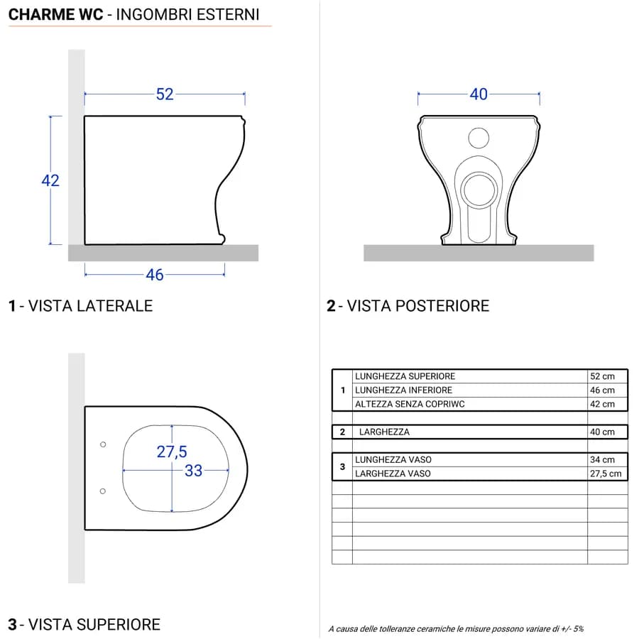 Wc Charme di Azzurra con scarico traslato per vecchi impianti e con copriwc softclose