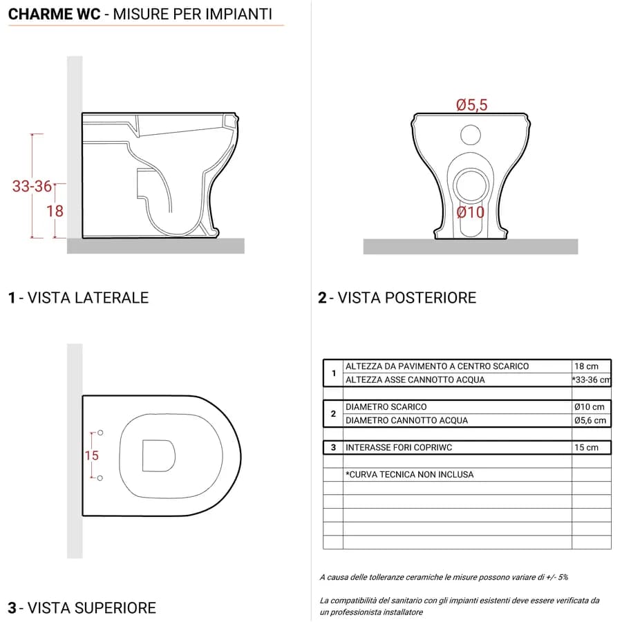 Wc Charme di Azzurra con scarico traslato per vecchi impianti e con copriwc softclose