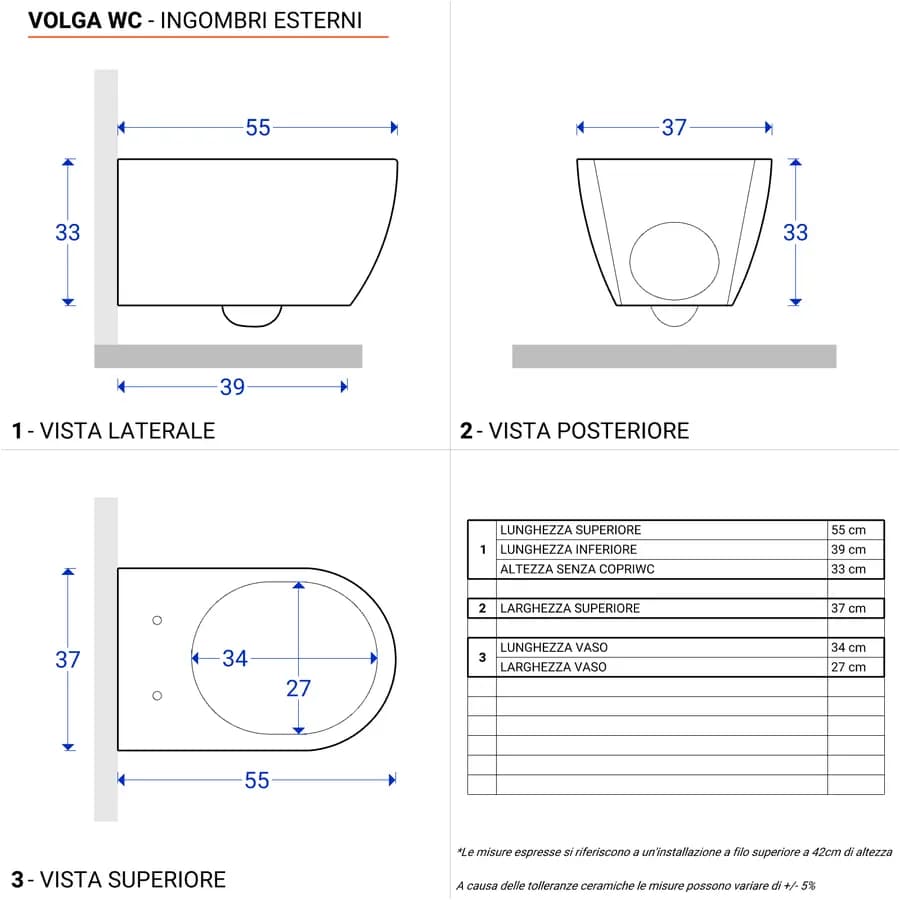 Wc sospeso rimless ceramica lucida con copri wc con chiusura rallentata - Volga