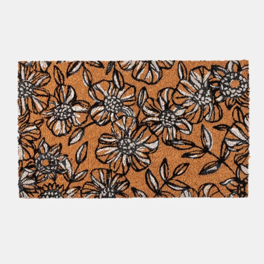 Zerbino 45x75 cm in coir con disegno crisantemi bianchi