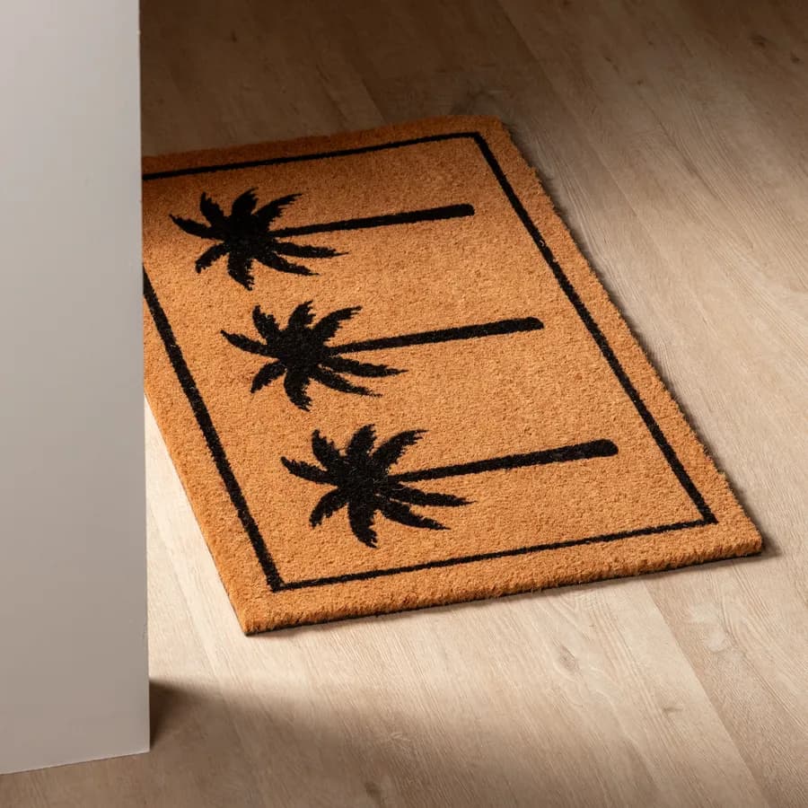 Zerbino 45x75 cm in coir con disegno palme nere