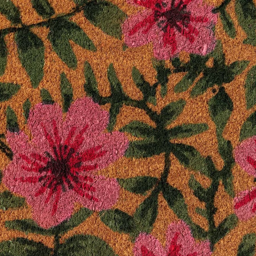 Zerbino 45x75 cm in coir con disegno prato fiorito rosa