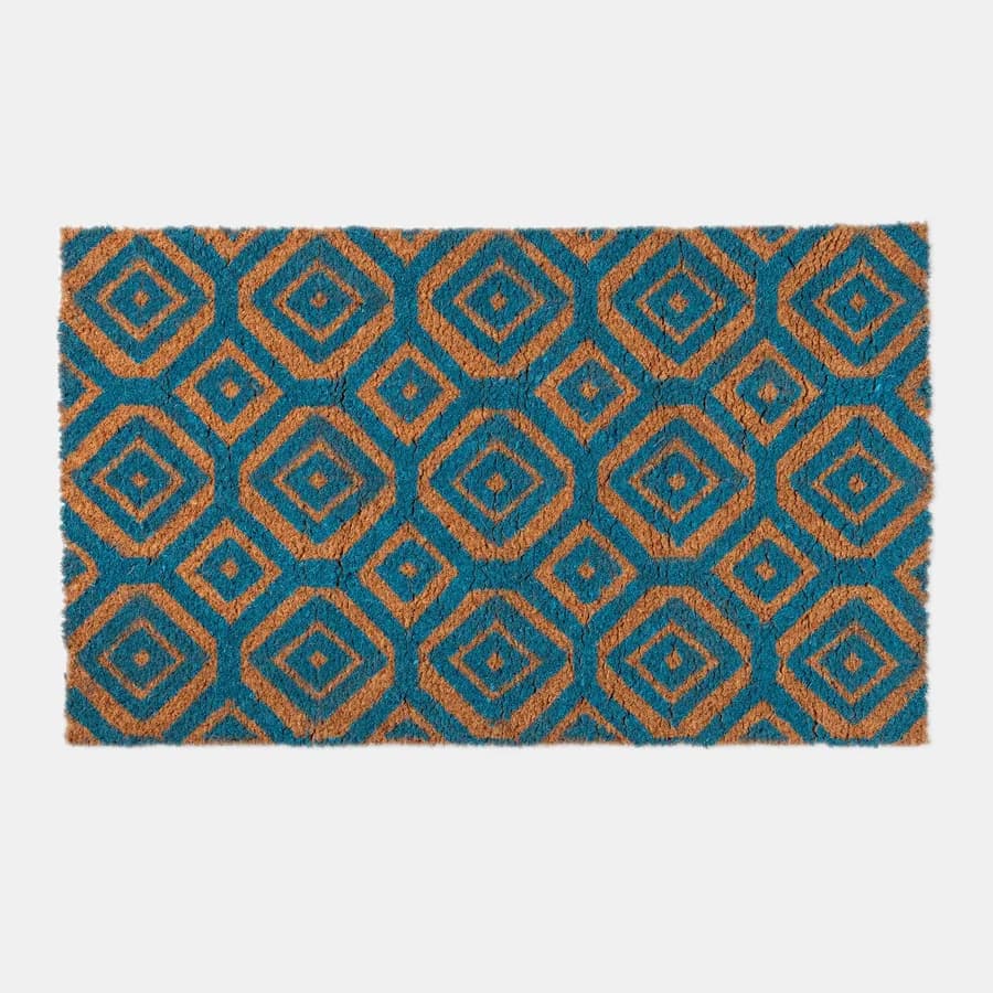 Zerbino 45x75 cm in coir con stampa disegno geometrico blu petrolio