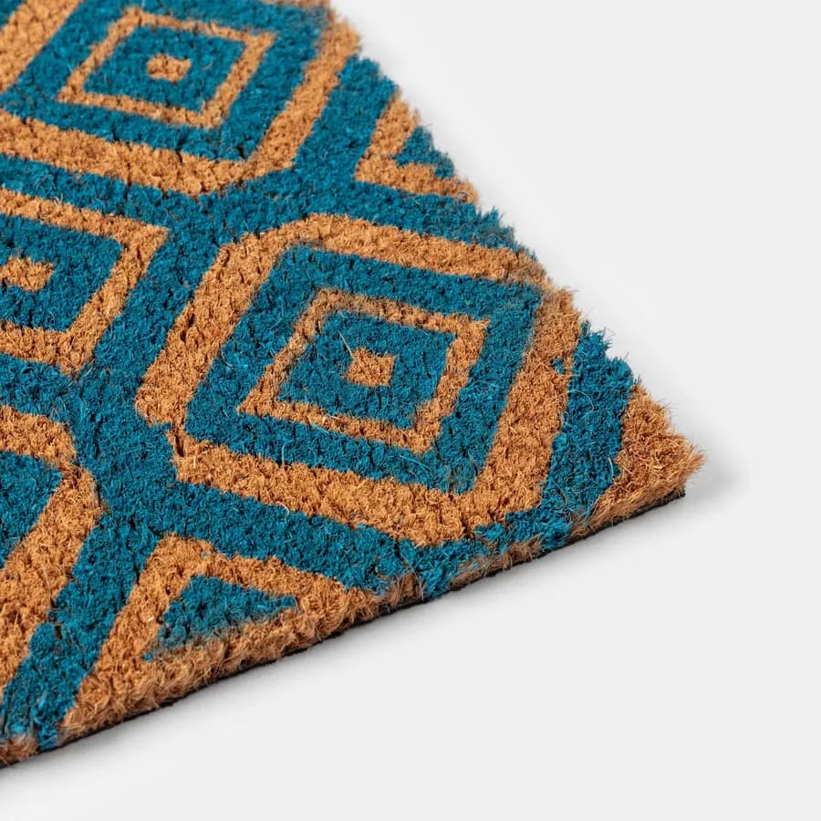 Zerbino 45x75 cm in coir con stampa disegno geometrico blu petrolio