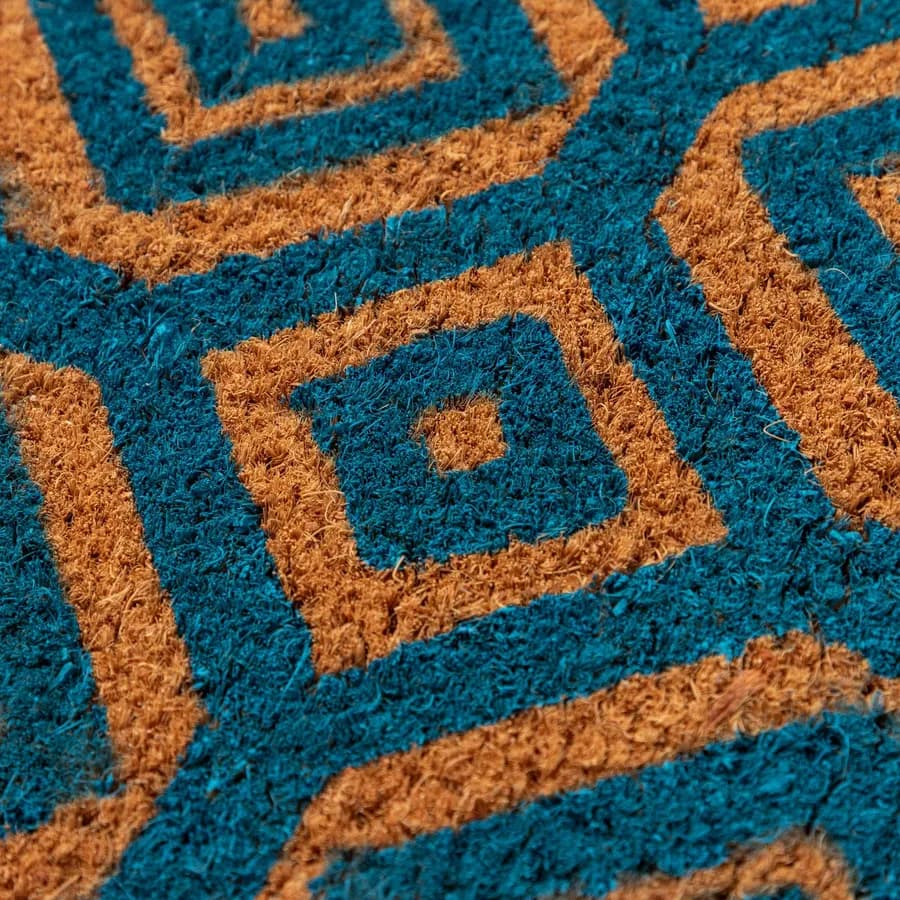 Zerbino 45x75 cm in coir con stampa disegno geometrico blu petrolio
