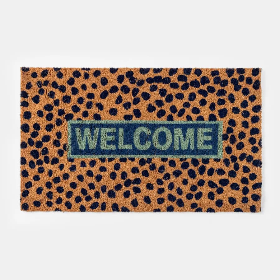 Zerbino 45x75 cm in coir Hello con disegno pallini blu