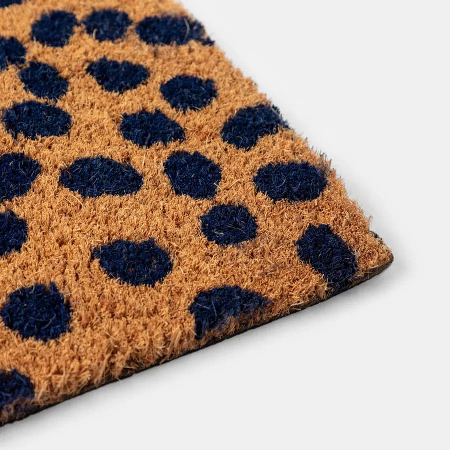 Zerbino 45x75 cm in coir Hello con disegno pallini blu