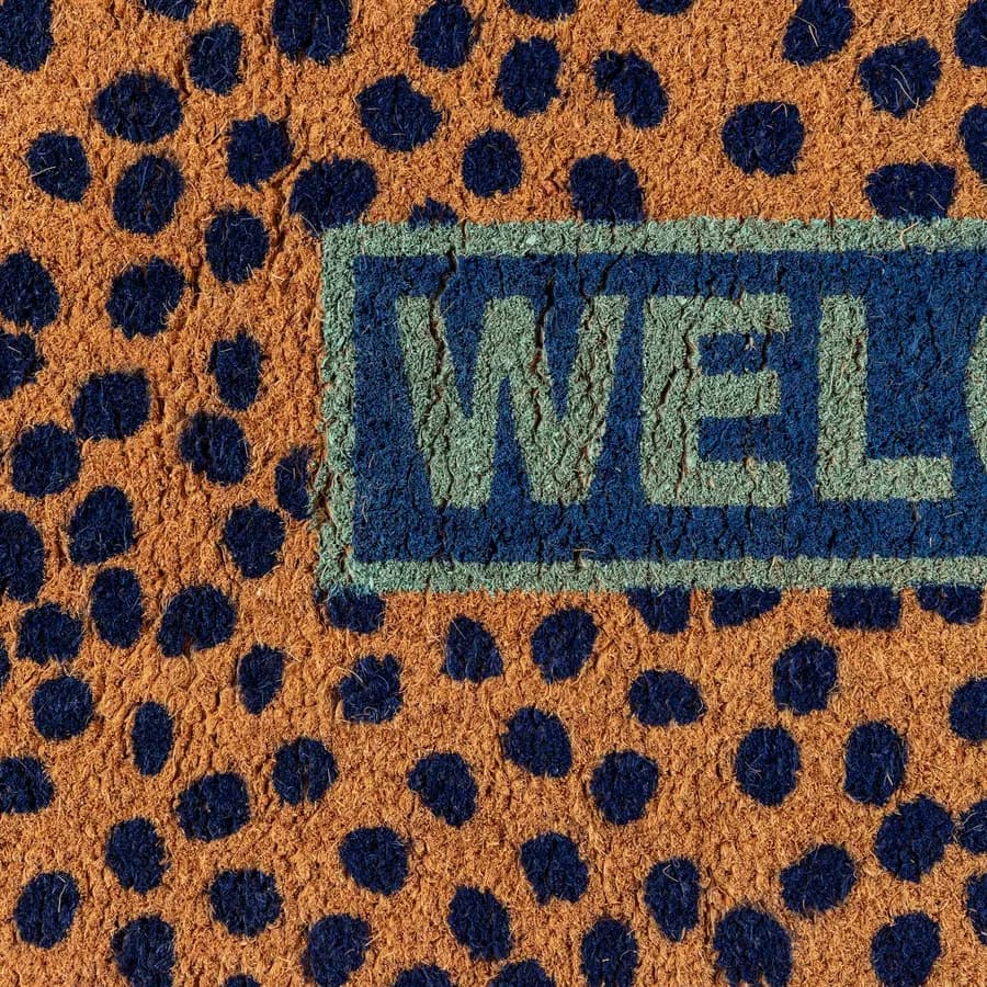 Zerbino 45x75 cm in coir Hello con disegno pallini blu