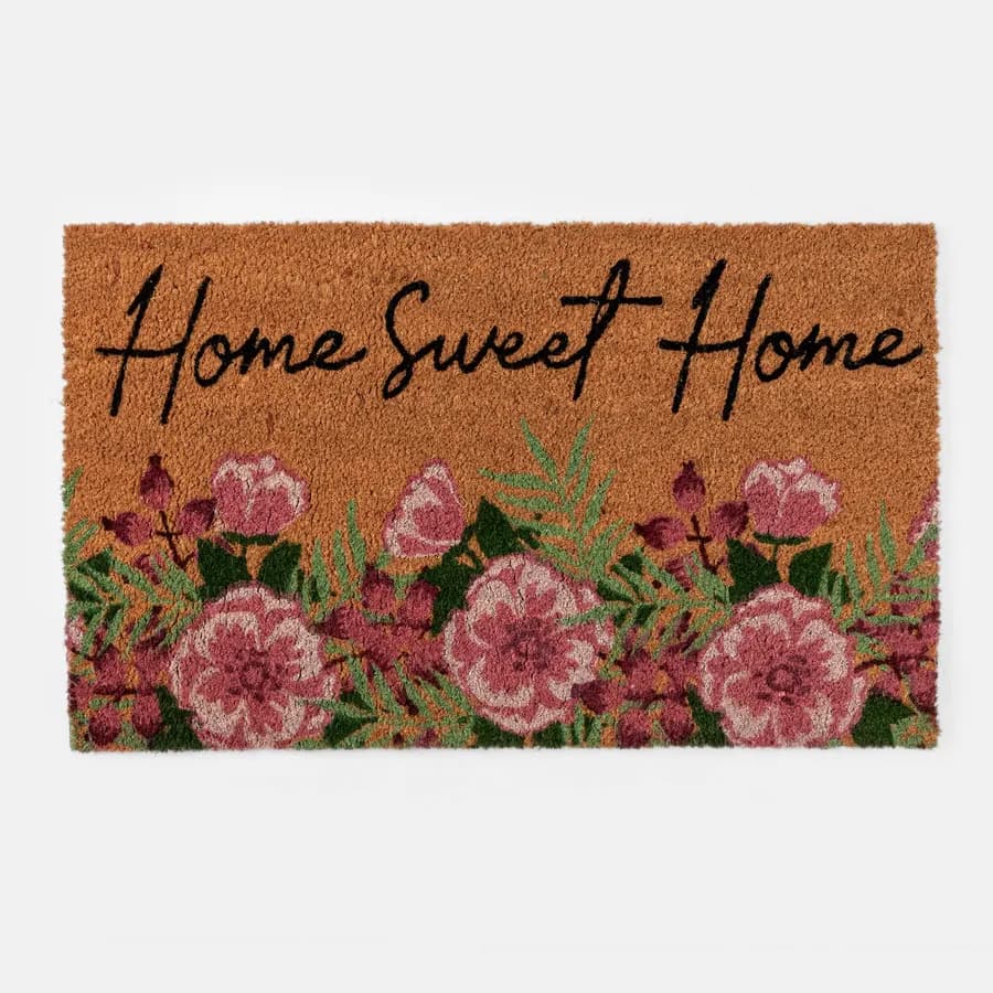 Zerbino 45x75 cm in coir Home Sweet Home con disegno fiori rosa