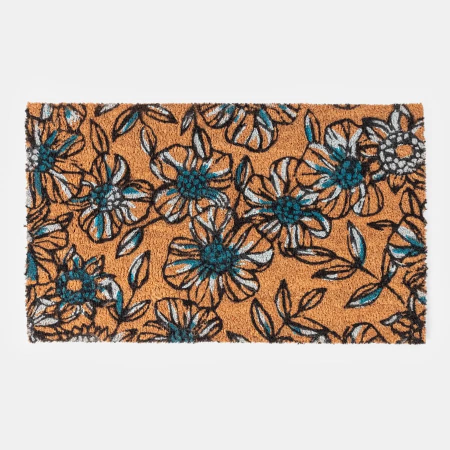 Zerbino 45x75 cm in coir naturale con disegno floreale blu