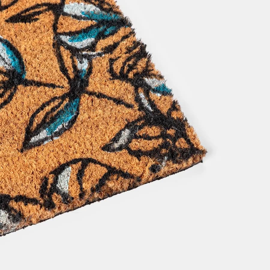 Zerbino 45x75 cm in coir naturale con disegno floreale blu
