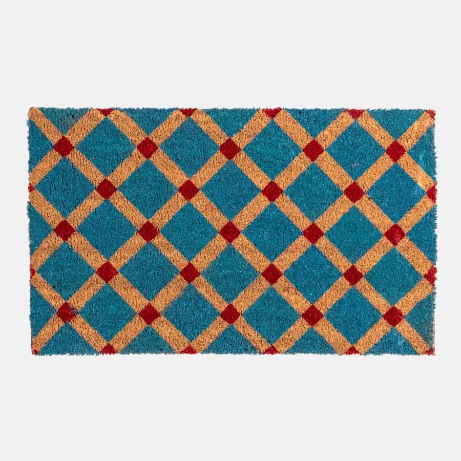 Zerbino blu petrolio 45x75 cm in coir naturale con disegno geometrico