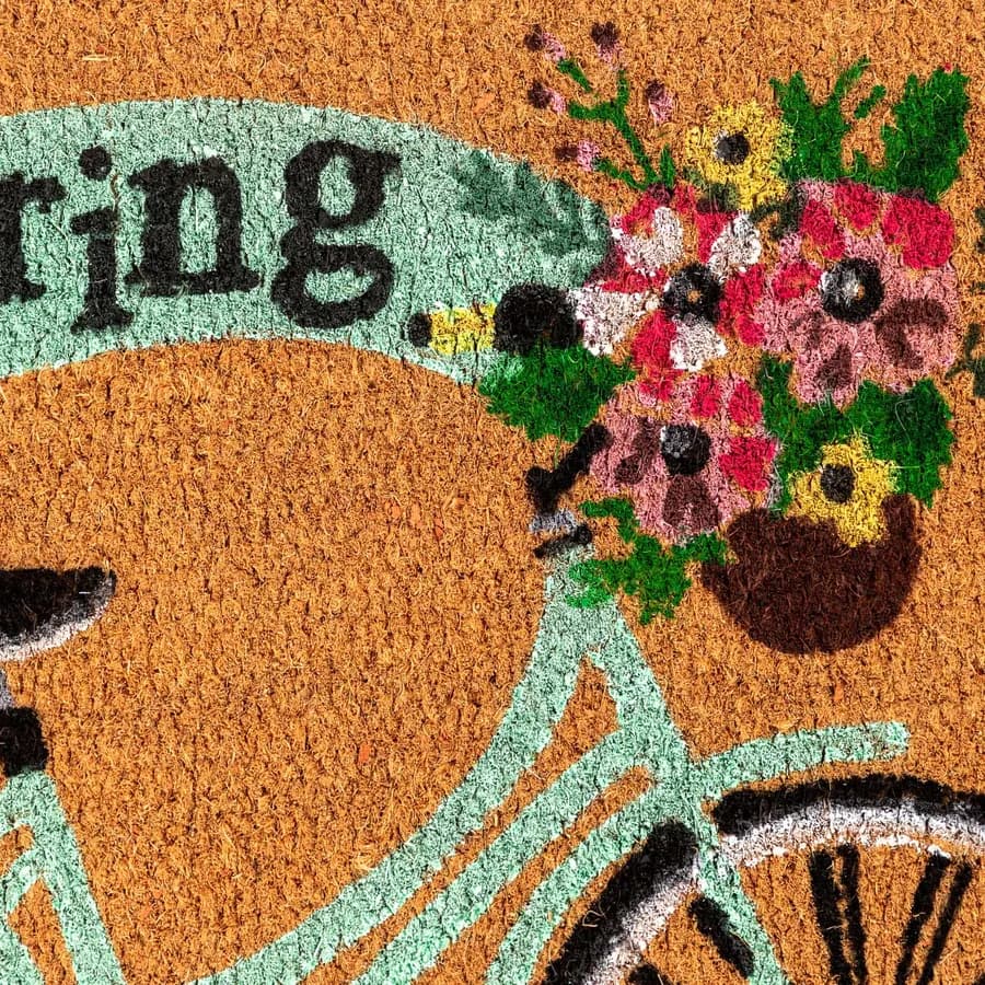 Zerbino Hello Spring 45x75 cm in coir naturale con disegno bicicletta