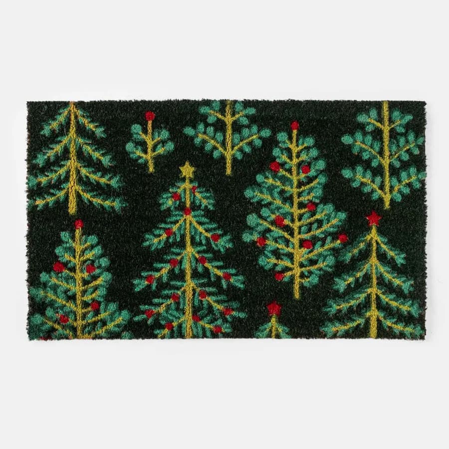 Zerbino natalizio 45x75 cm in coir con disegno alberi di natale verdi