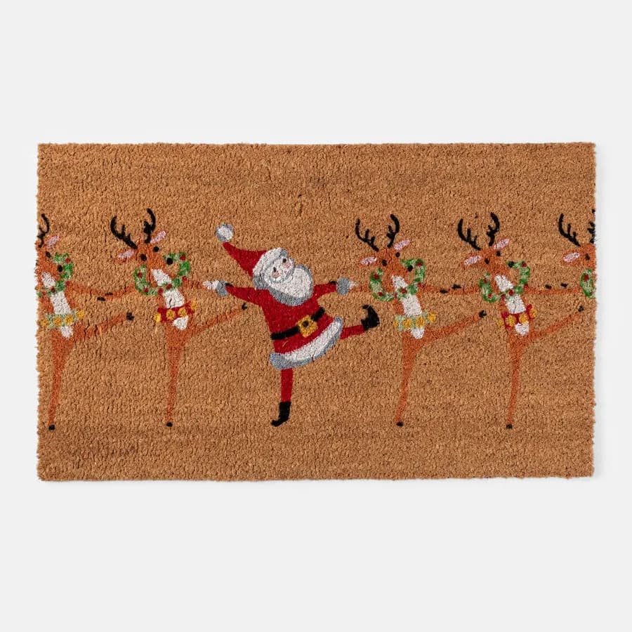 Zerbino natalizio 45x75 cm in coir con disegno Babbo Natale e renne