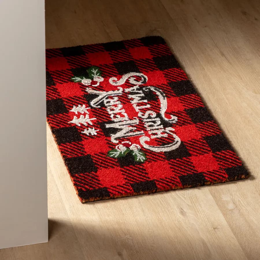 Zerbino natalizio 45x75 cm in coir Merry Christmas a quadri rossi
