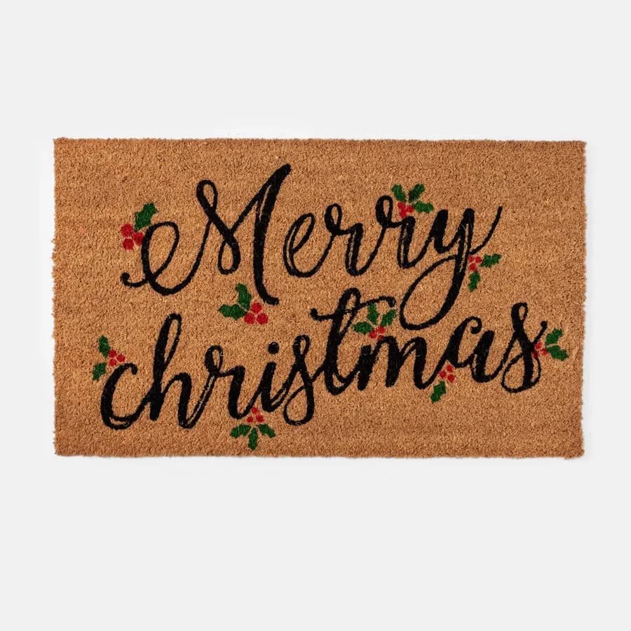 Zerbino natalizio 45x75 cm in coir Merry Christmas con bacche di agrifoglio