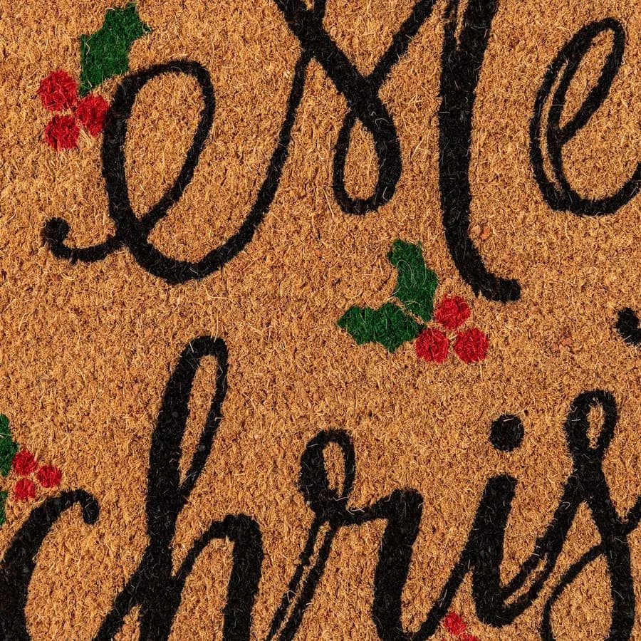 Zerbino natalizio 45x75 cm in coir Merry Christmas con bacche di agrifoglio