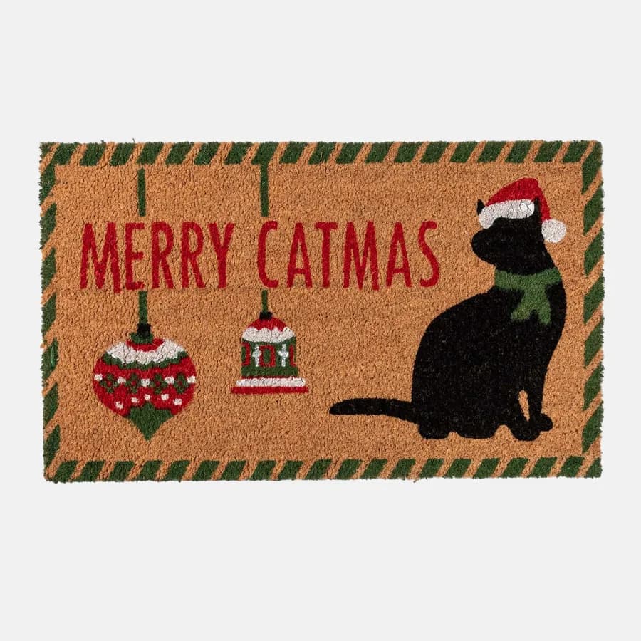 Zerbino natalizio 45x75 cm in coir Merry Christmas con disegno gatto