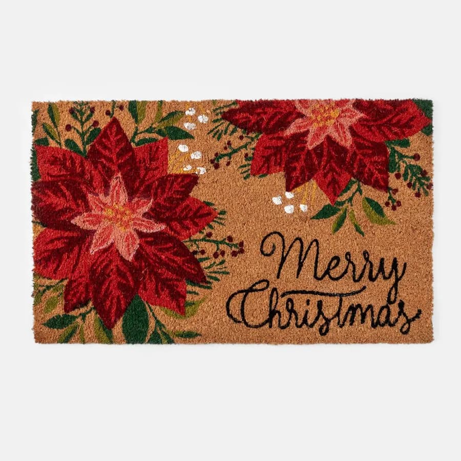 Zerbino natalizio 45x75 cm in coir Merry Christmas con fiori rossi