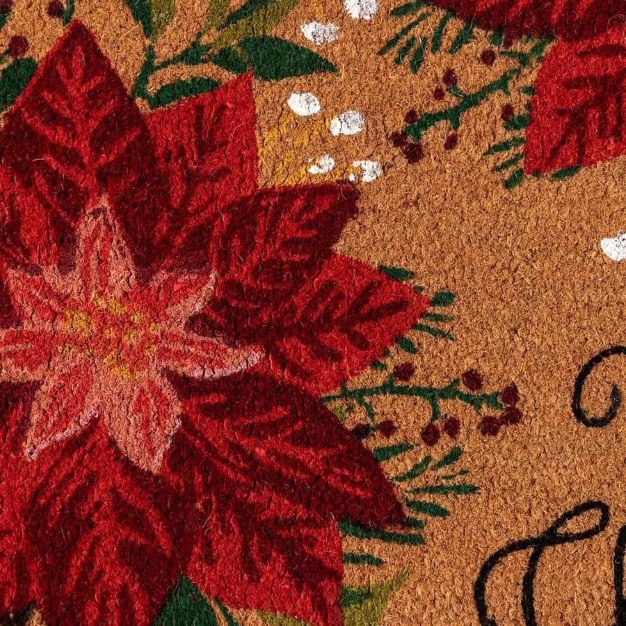 Zerbino natalizio 45x75 cm in coir Merry Christmas con fiori rossi