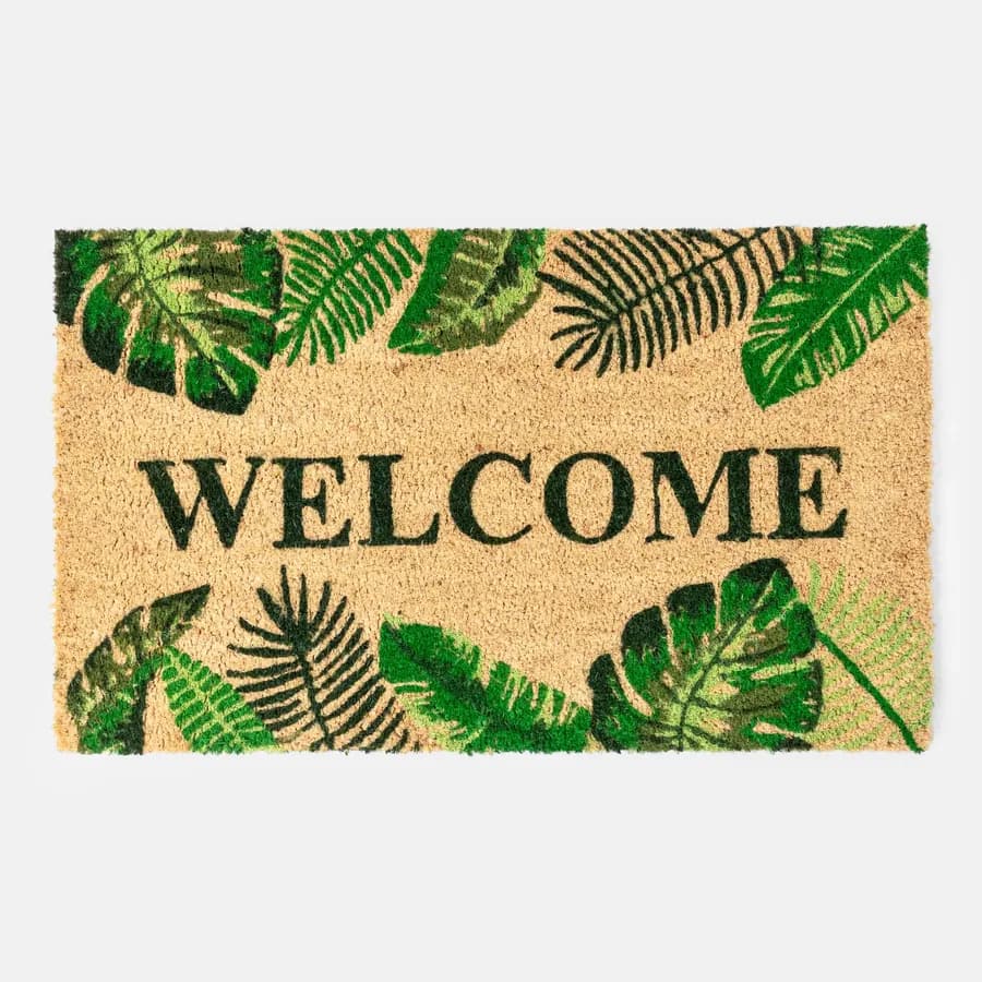 Zerbino Welcome 45x75 cm in coir beige con stampa floreale