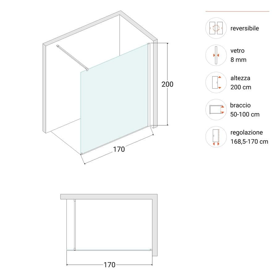 Box doccia Walk in 170 cm vetro 8 mm anticalcare trasparente e profilo nero 200h - Keep