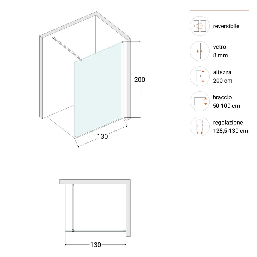 Box doccia Walk in 130 cm vetro 8 mm anticalcare fumè e profilo nero 200h - Keep