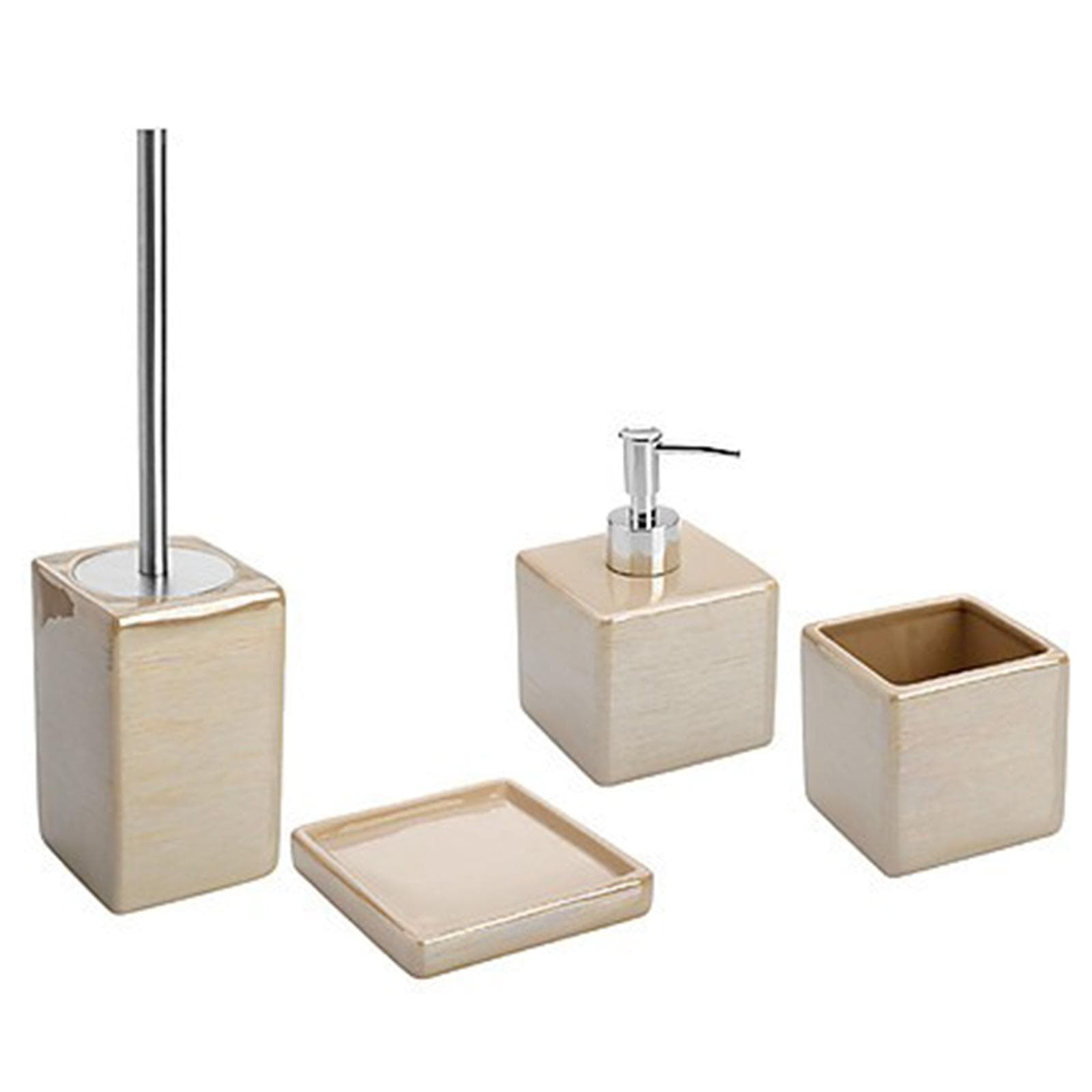 Set 4 accessori da bagno da appoggio in acciaio e ceramica beige