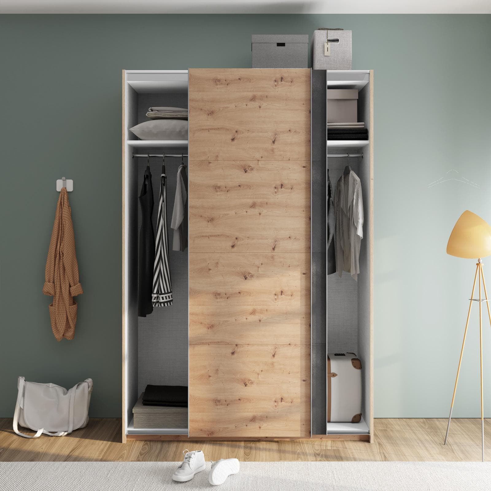 Armadio 150x223h cm con due ante scorrevoli rovere artisan e grigio tadao - Alen