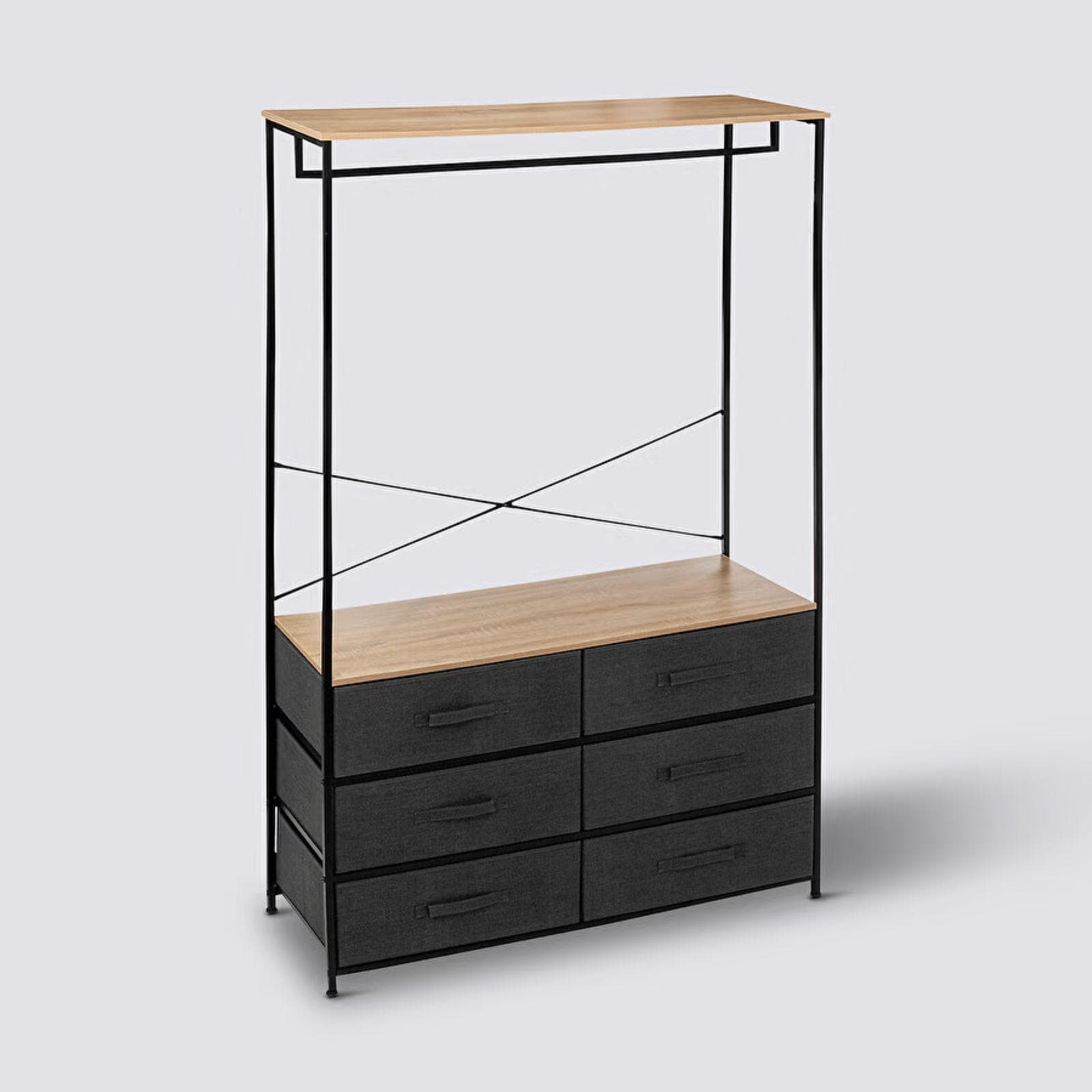Appendiabiti 100x167h cm in acciaio nero e legno con 6 cassetti in tessuto - Texty