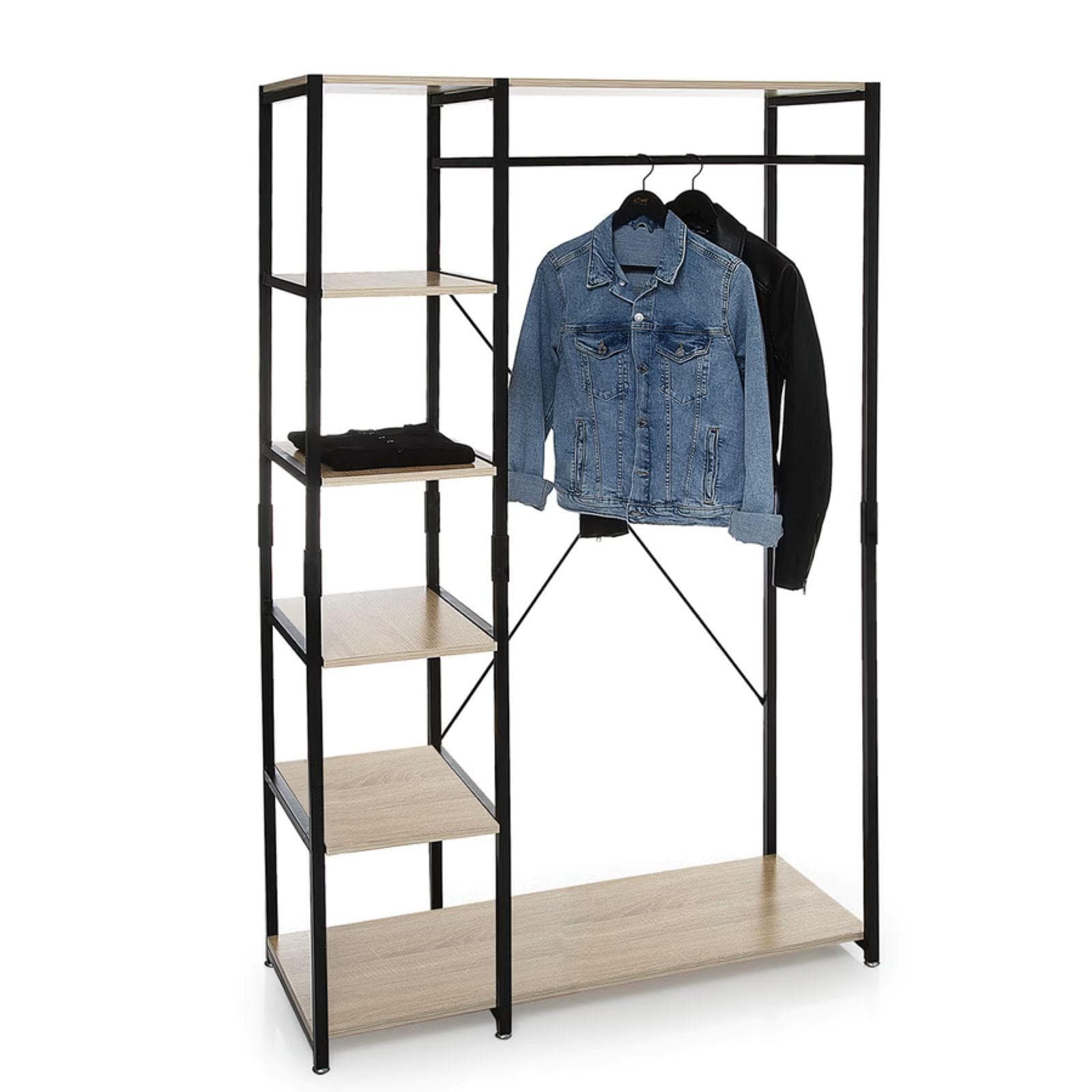 Appendiabiti 100x170h cm in acciaio nero con ripiani effetto rovere naturale - Emyl