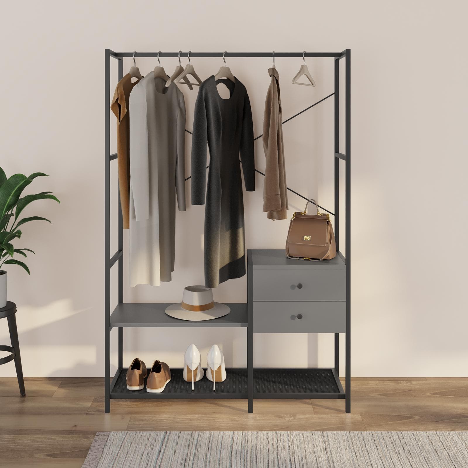 Appendiabiti 108x160h cm in acciaio antracite e nero con 2 cassetti - Sheryl