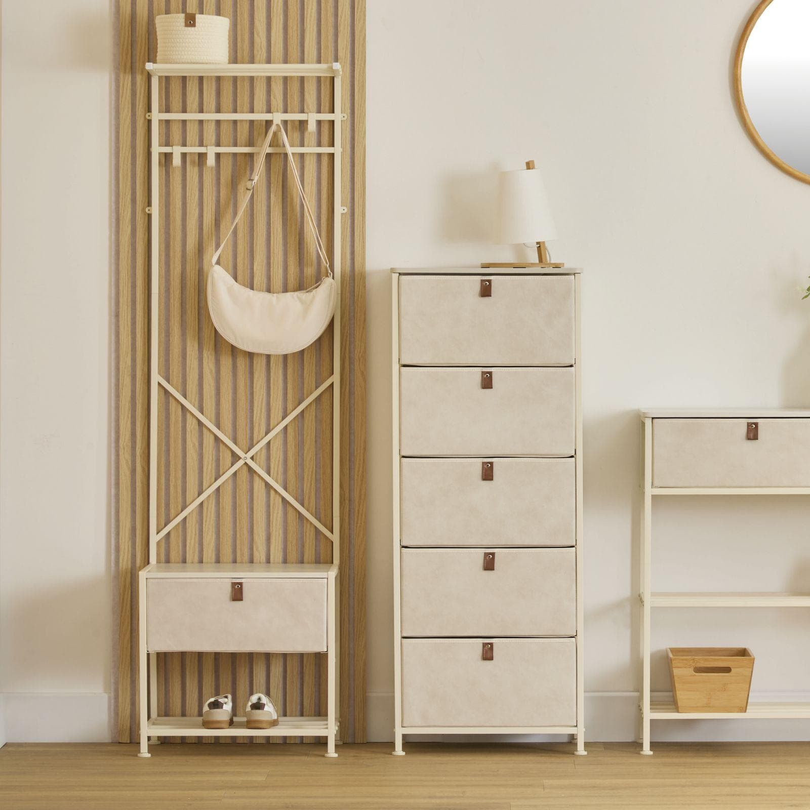 TEXTY APPENDIABITI L. 45 X P. 30 x H. 160 CM 1 CASSETTO IN TESSUTO BEIGE STRUTTURA IN ACCIAIO E LEGN