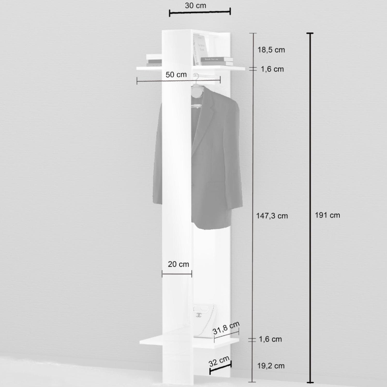 Appendiabiti 50x190h cm con specchio e mensole bianco lucido - Eudora