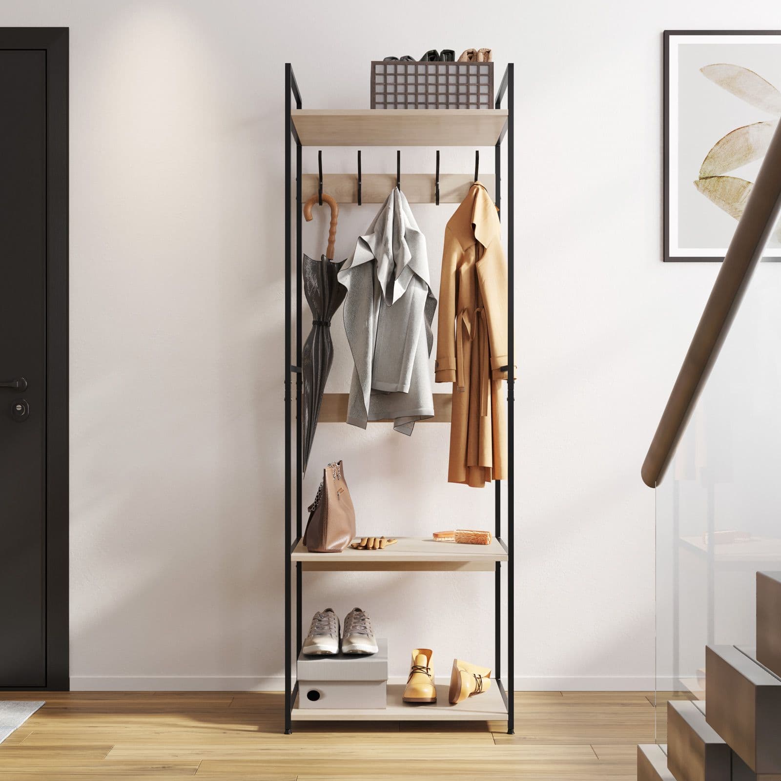 Appendiabiti 60x175h cm con ripiani effetto rovere e struttura in acciaio nero con 6 ganci - Duke