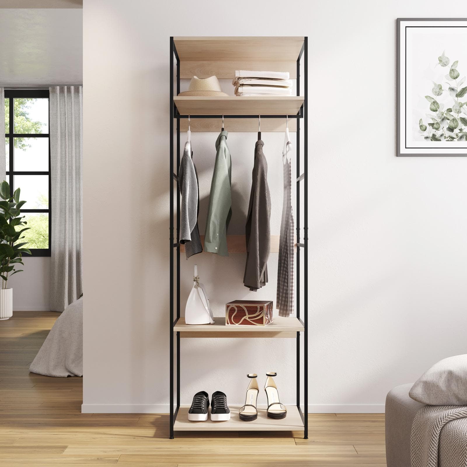 Appendiabiti 60x175h cm con ripiani effetto rovere e struttura in acciaio nero - Duke