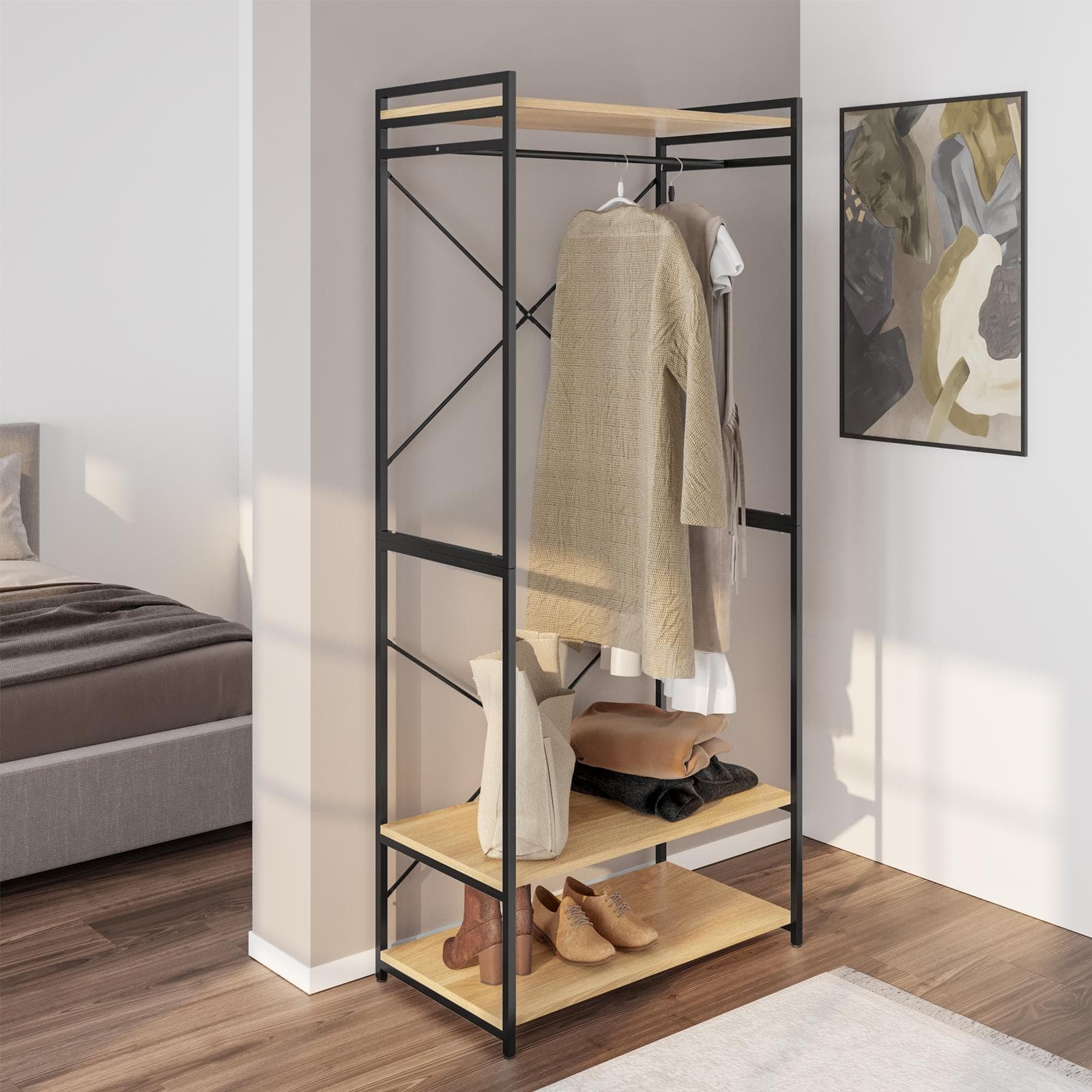 Appendiabiti 80x180h cm effetto rovere e metallo nero con mensola - Caio