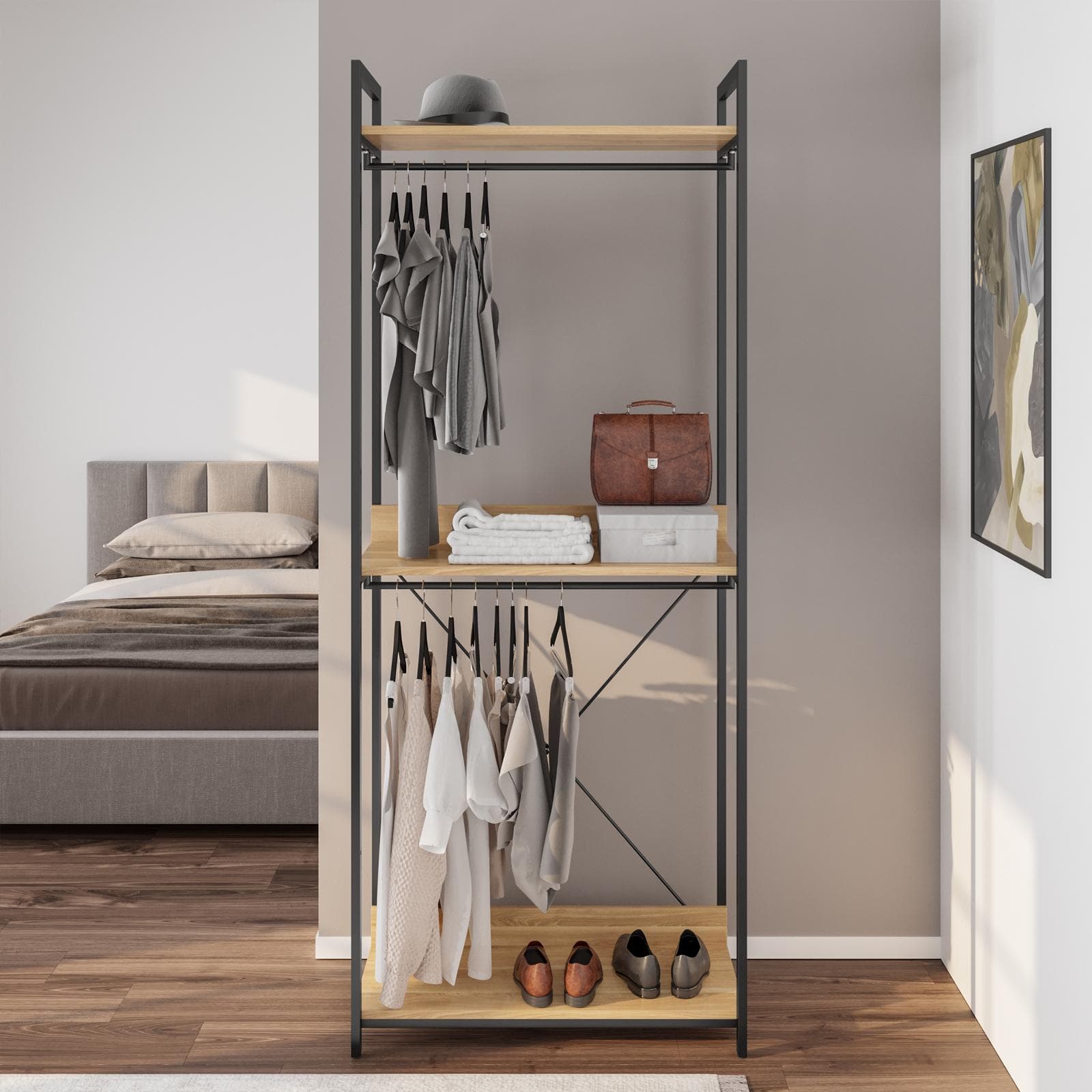 Appendiabiti 80x202h cm effetto rovere e struttura in metallo nero doppio scomparto - Caio