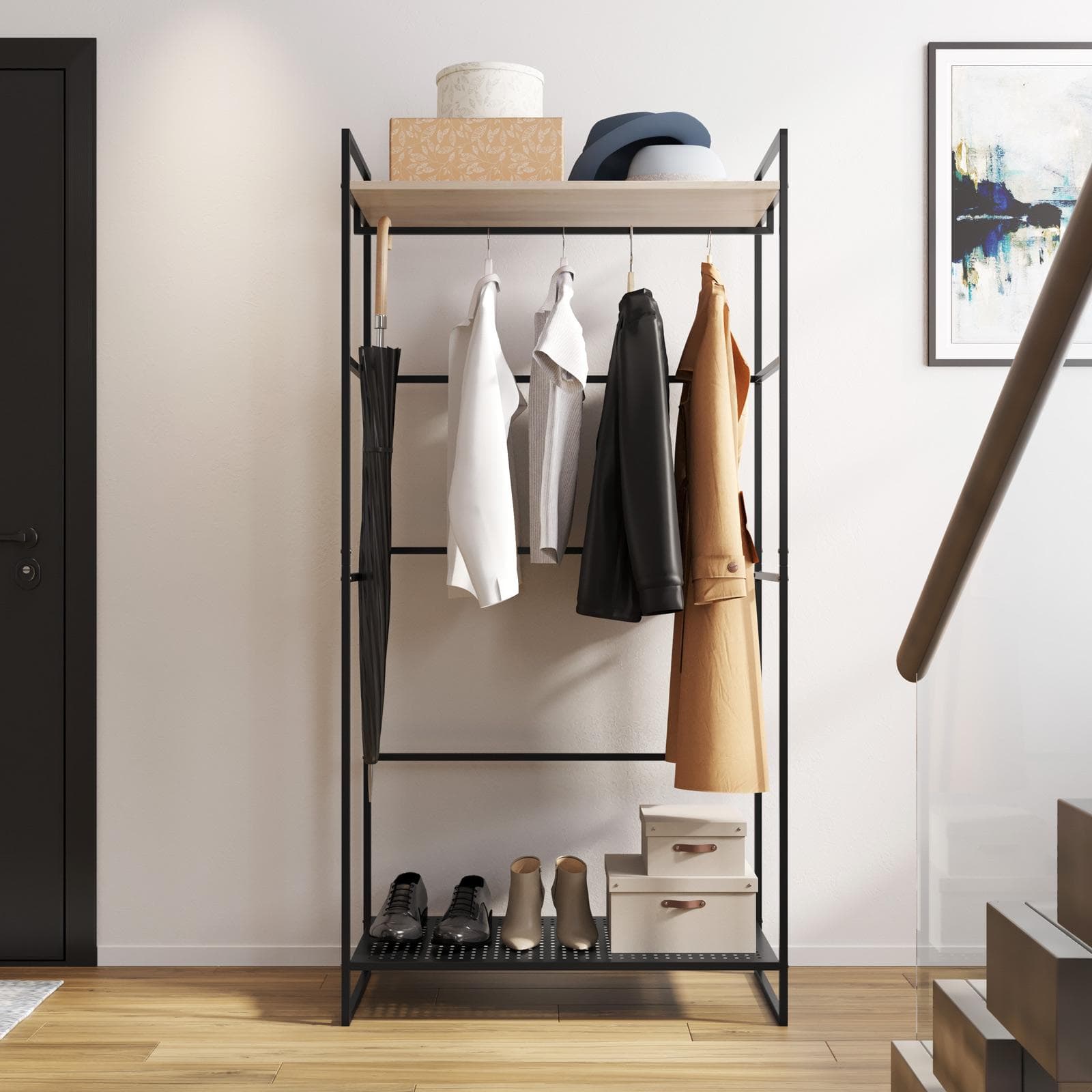 Appendiabiti 83x167h cm con ripiani effetto rovere e struttura in acciaio nero con 4 ganci - Duke