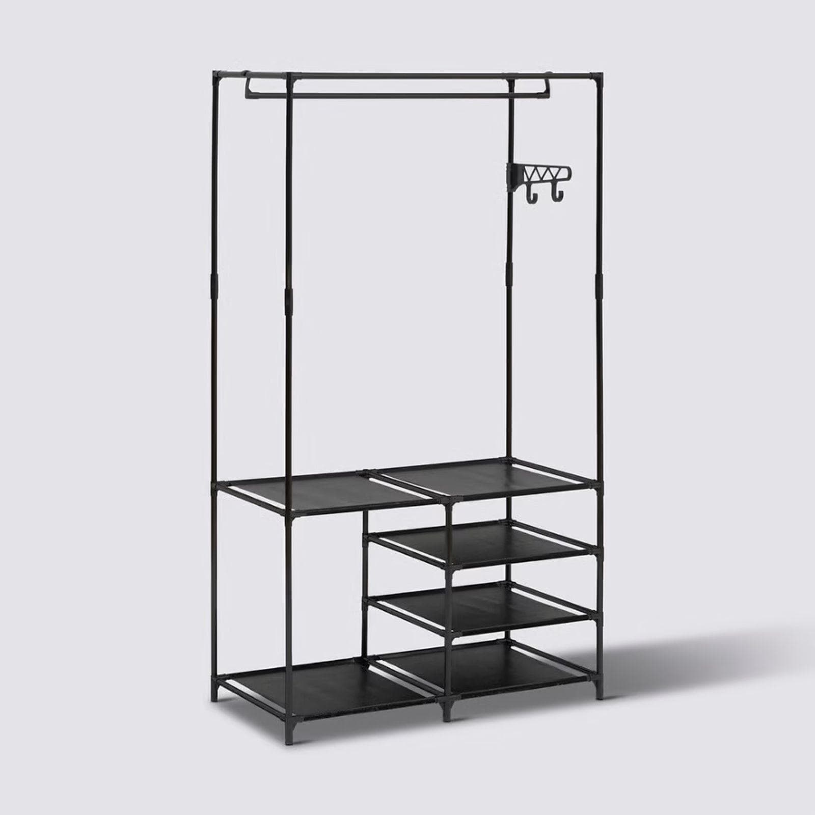 Appendiabiti 86x160h cm in acciaio nero con ripiani in tessuto