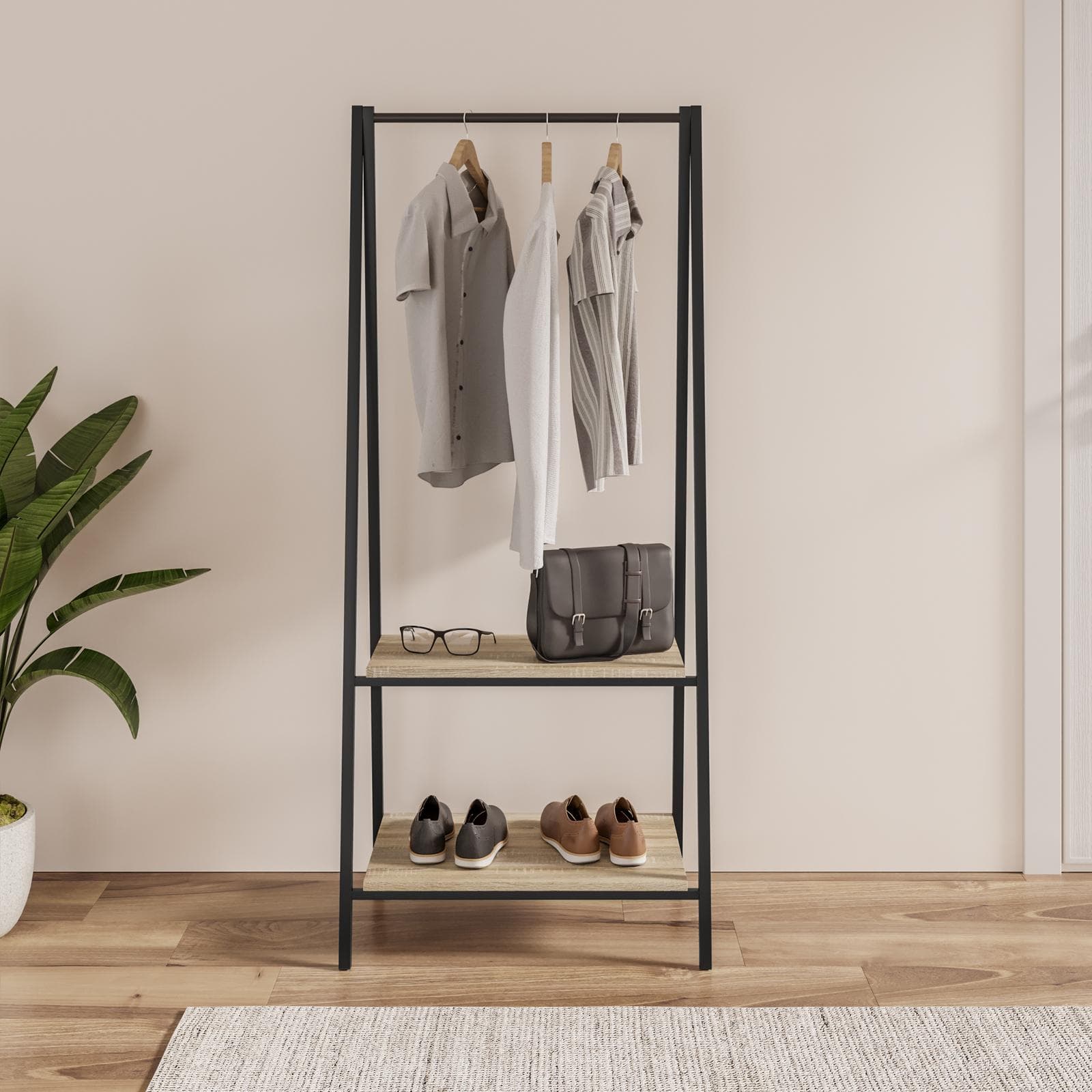 Appendiabiti 64x150h cm con ripiani effetto rovere e struttura in acciaio nero - Duke