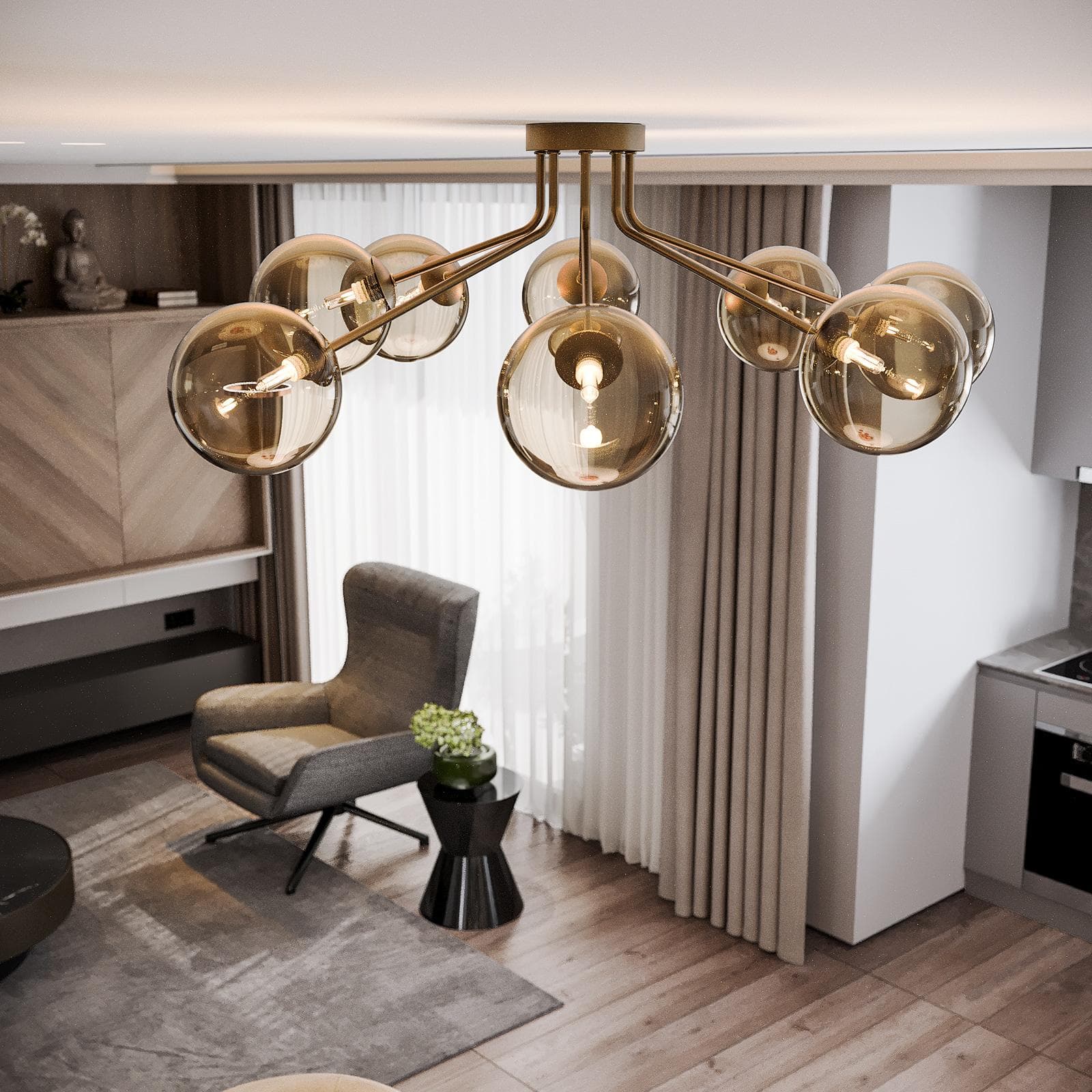 Lampadario da interno 88,4x80,8x28h cm in vetro soffiato champagne e metallo rifinito in ottone