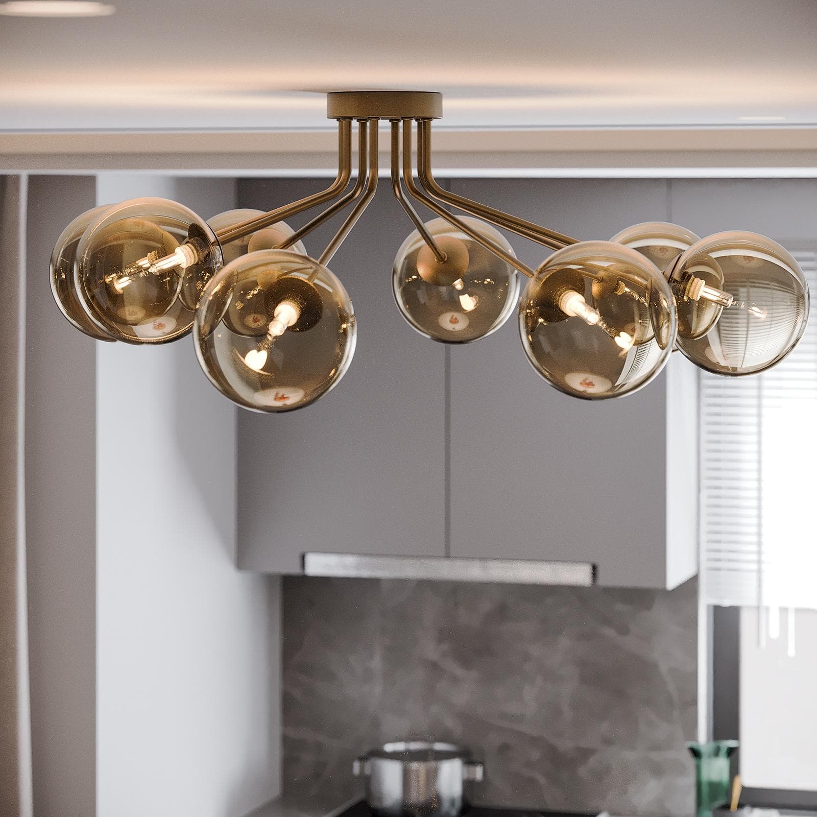 Lampadario da interno 88,4x80,8x28h cm in vetro soffiato champagne e metallo rifinito in ottone
