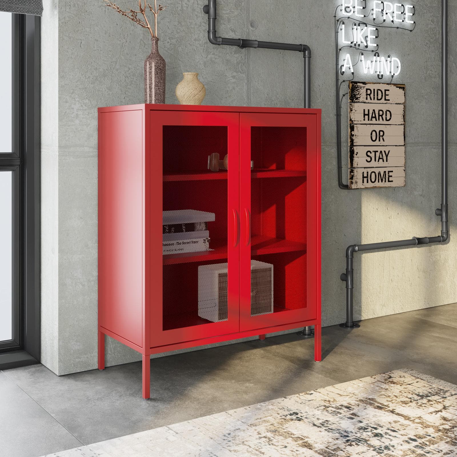 Armadietto 80x102h cm in acciaio verniciato rosso con 2 ante a rete - Cooki