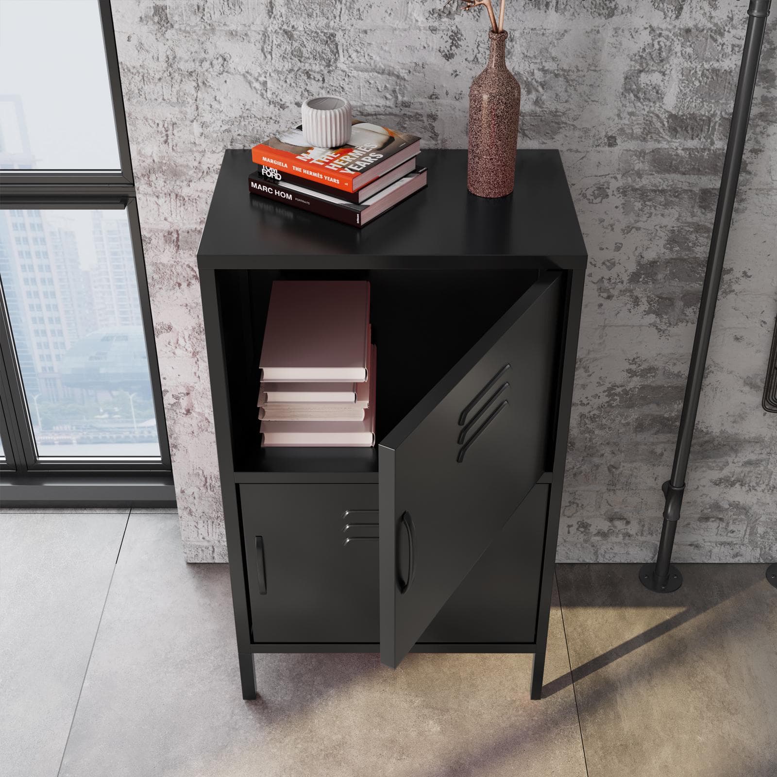 Armadietto basso 60x102h cm in acciaio verniciato nero con 2 ante - Latino