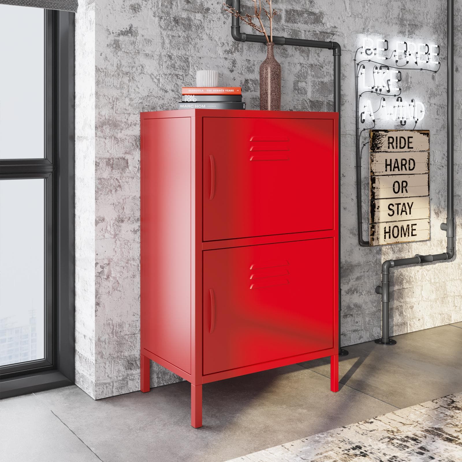 Armadietto basso 60x102h cm in acciaio verniciato rosso con 2 ante - Latino