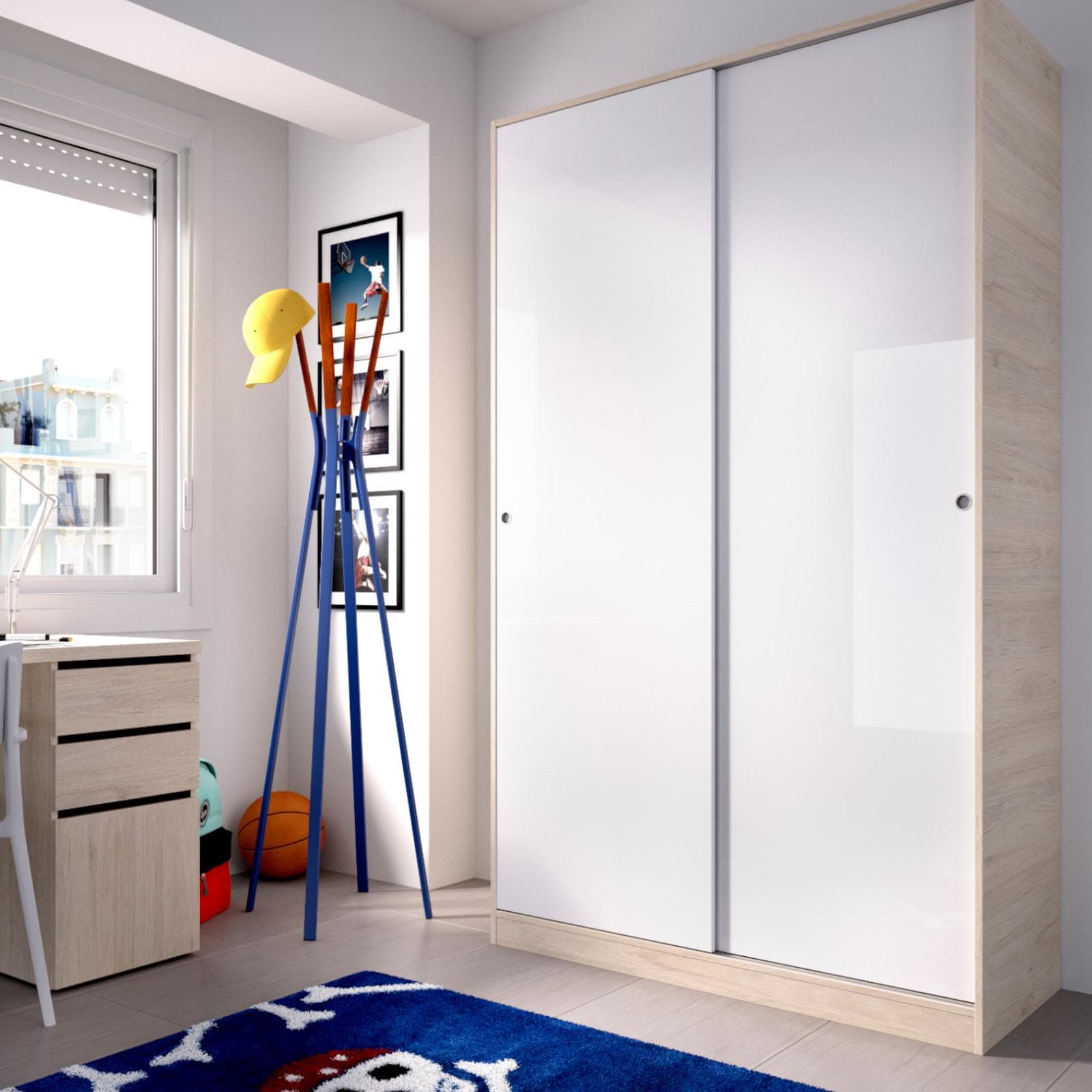 Armadio 120x204 h cm in legno naturale con ante scorrevoli in legno bianco lucido - Cosby